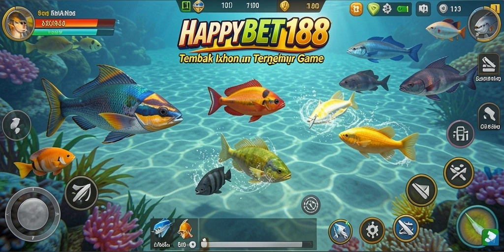 Screenshot gameplay HAPPYBET188 menampilkan pertempuran seru menangkap ikan.